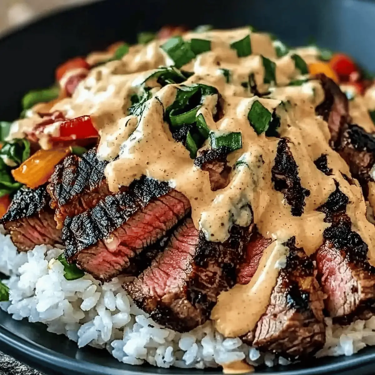 Korean BBQ Steak Rice Bowls with Spicy Cream Sauce