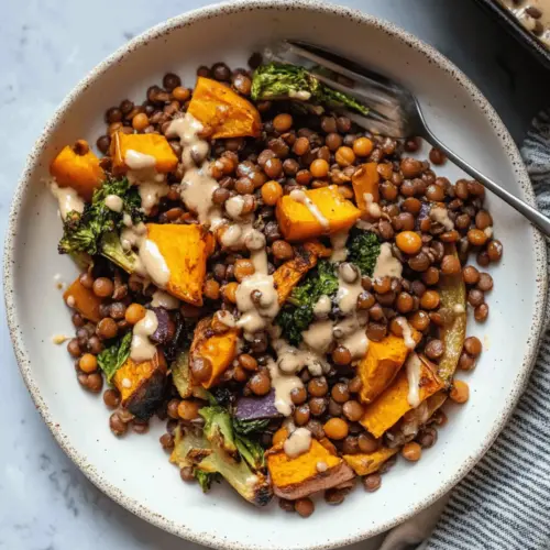 Roasted Lentils Sheet Pan Meal with Maple Tahini Dressing