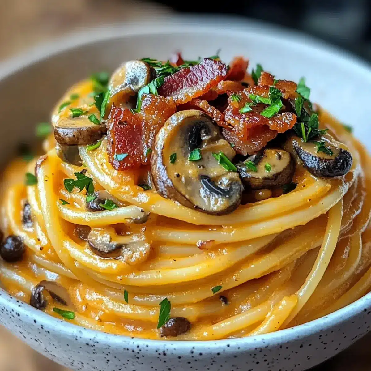 Pumpkin & Mushroom Spaghetti with Crispy Bacon