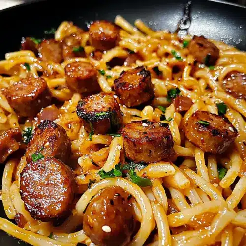 Sticky Honey Garlic Sausage Pasta Skillet