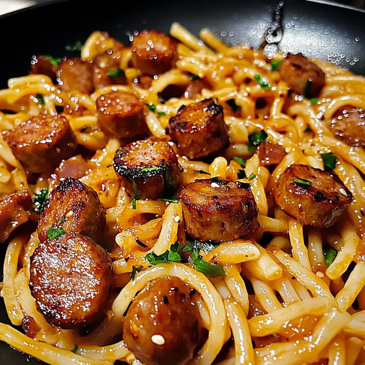 Sticky Honey Garlic Sausage Pasta Skillet