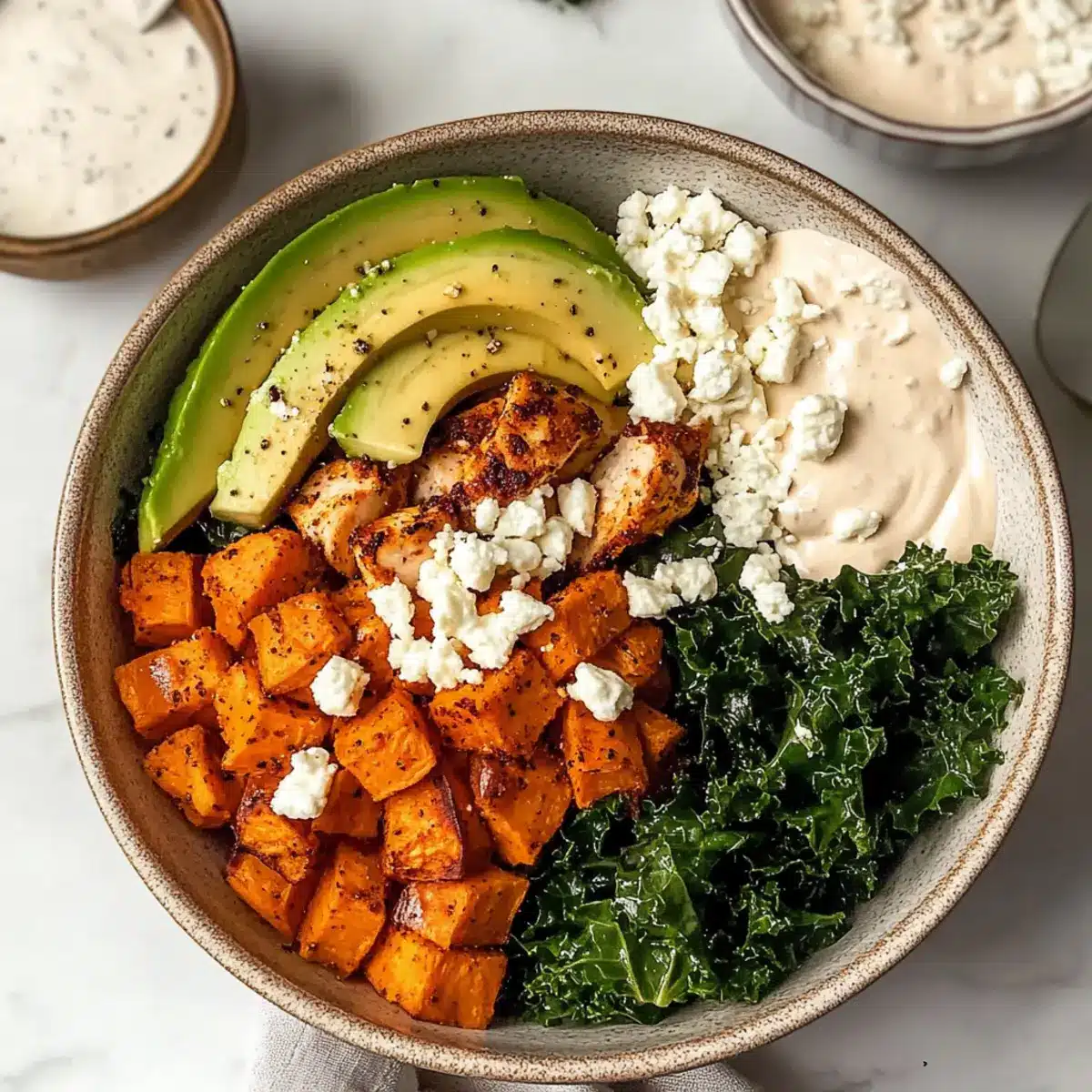 Roasted Sweet Potato, Chicken, Kale, and Rice Bowls