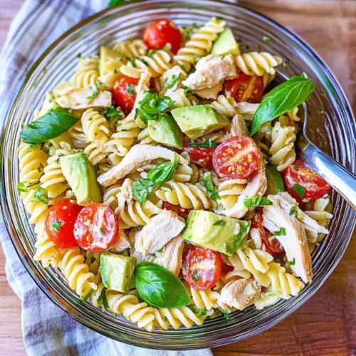 Healthy Chicken Pasta Salad with Avocado, Tomato, and Basil