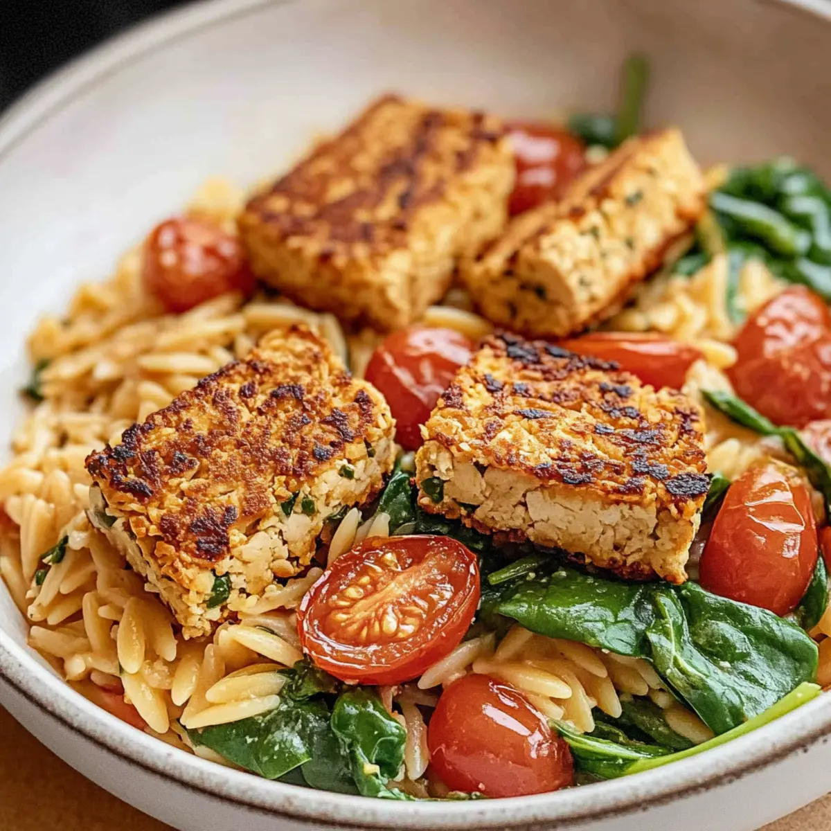 Creamy Tomato Orzo with Crispy Tofu Cutlets