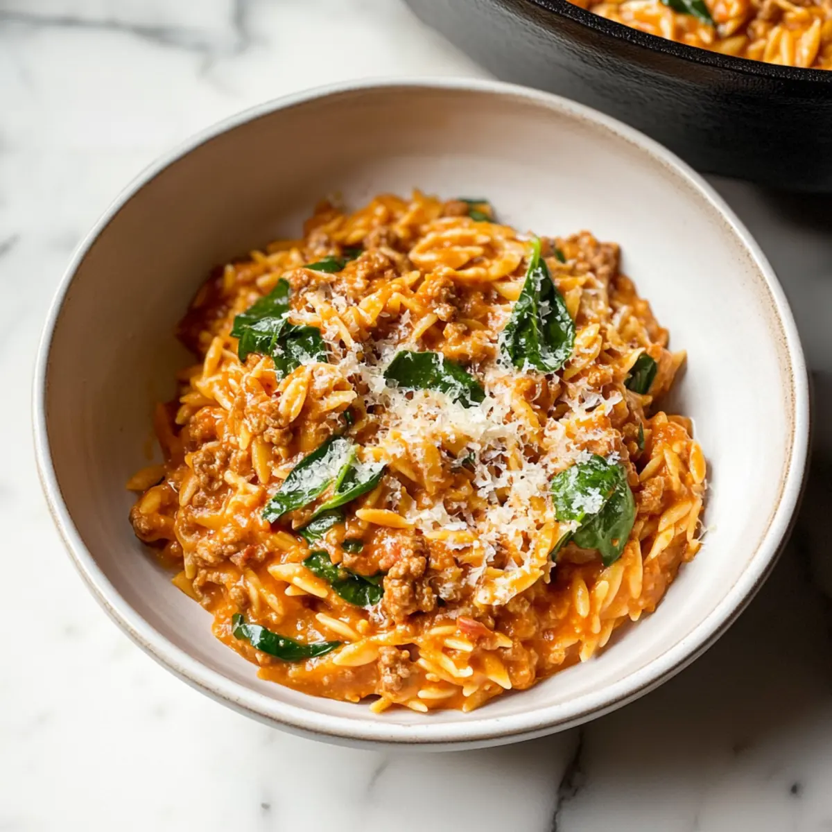 Ground Beef Orzo with Tomato Cream Sauce