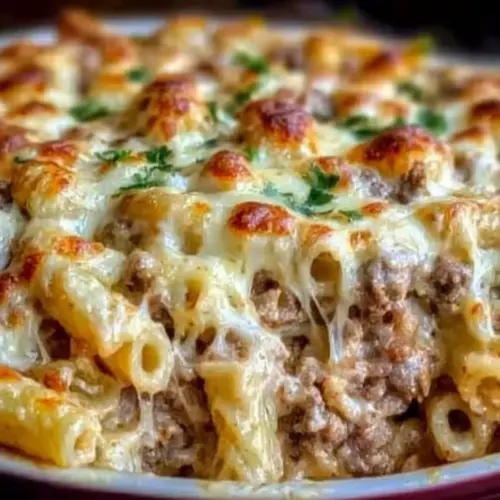 Creamy Beef Alfredo Ziti Casserole