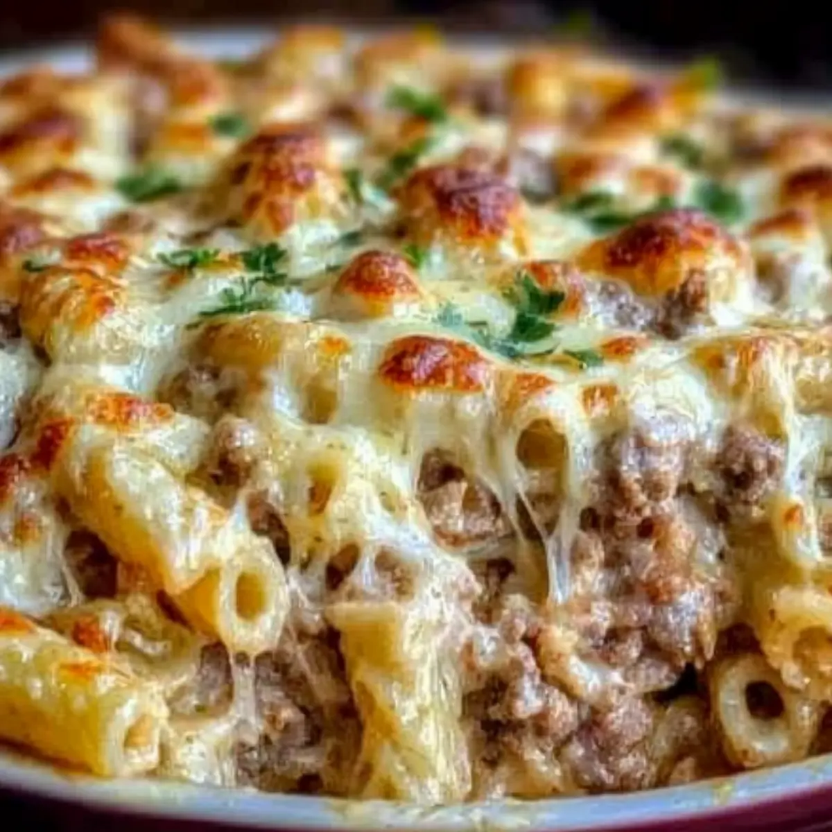Creamy Beef Alfredo Ziti Casserole