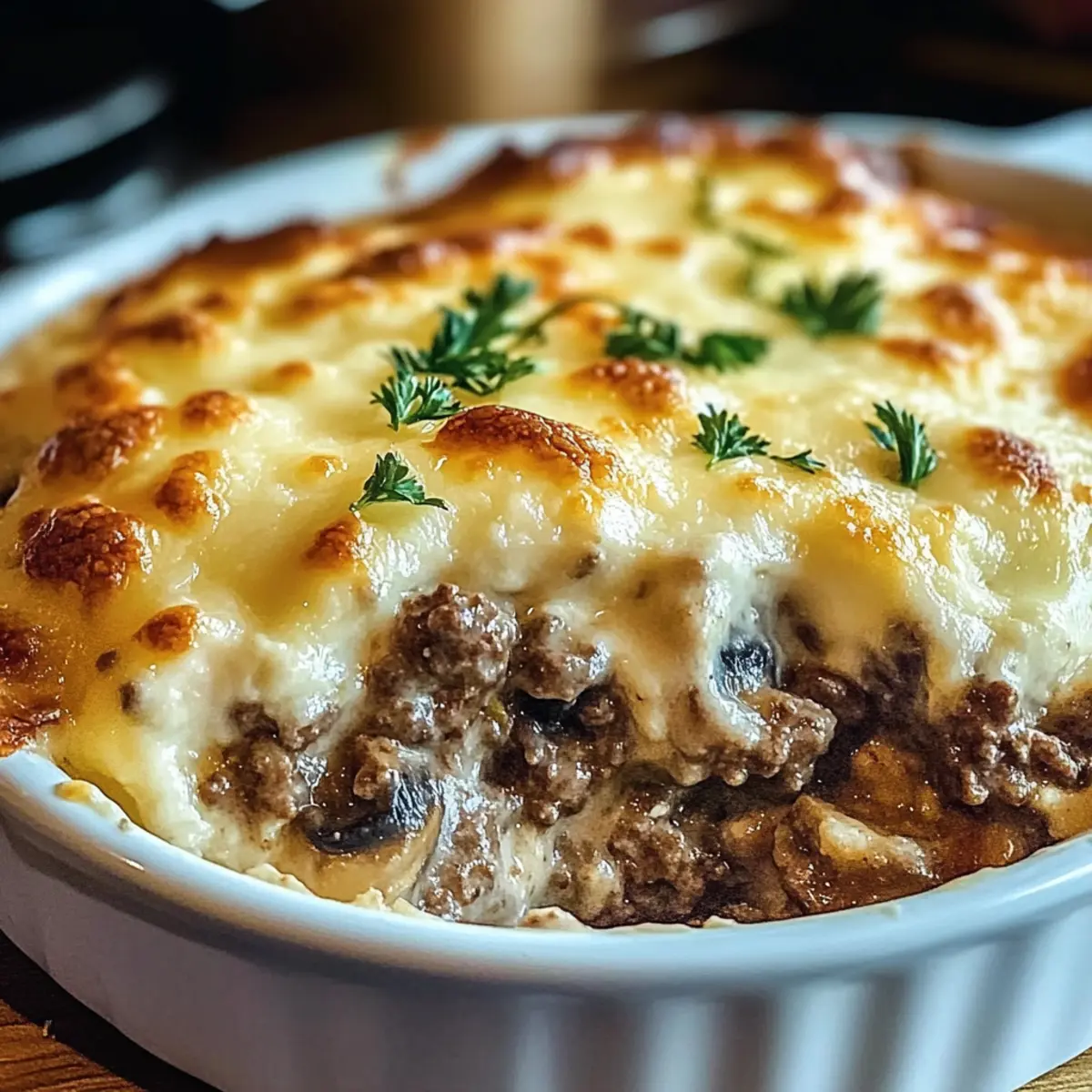 Creamy Mushroom & Ground Beef Bake