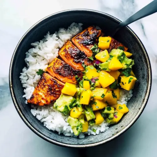 BBQ Salmon Bowls with Mango Avocado Salsa