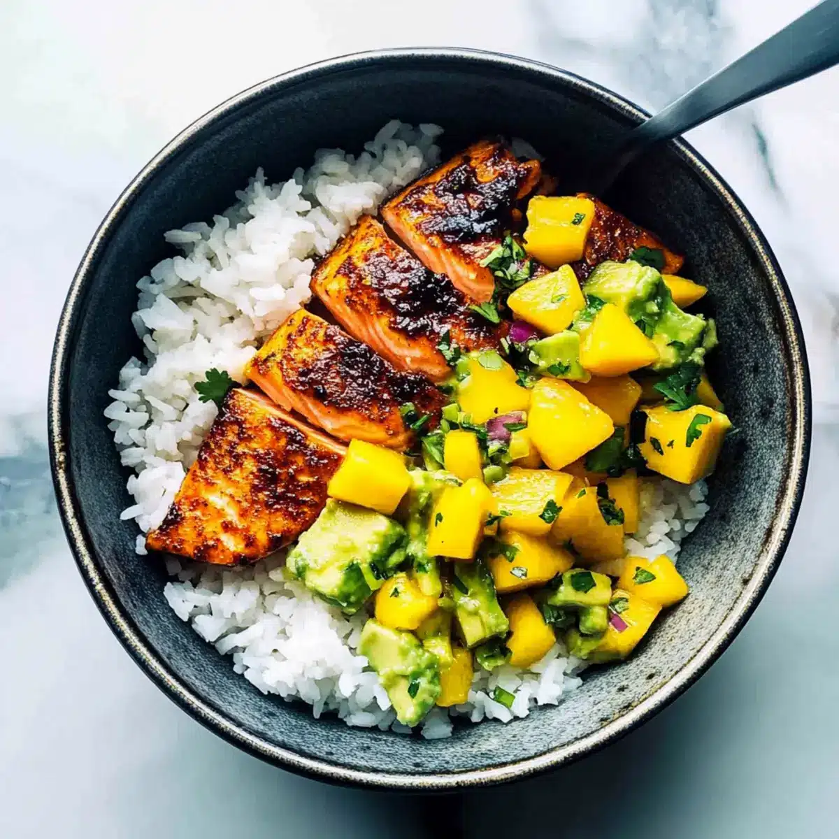 BBQ Salmon Bowls with Mango Avocado Salsa