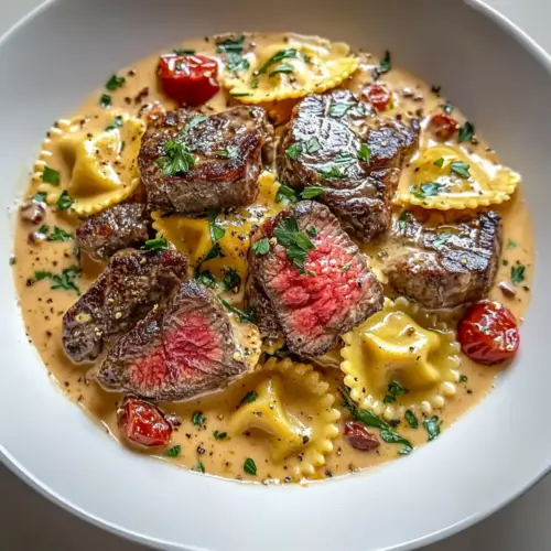 Steak and Ravioli with Creamy Garlic Herb Sauce
