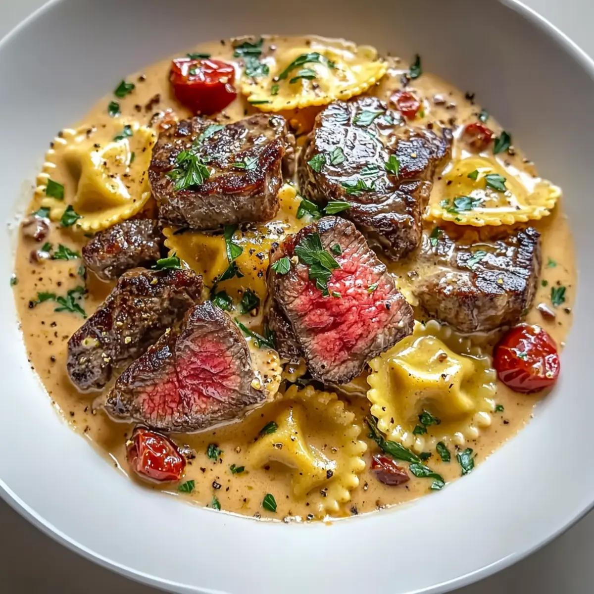 Steak and Ravioli with Creamy Garlic Herb Sauce