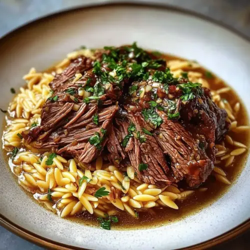 Slow-Cooked Beef Shoulder with Garlic Orzo:
