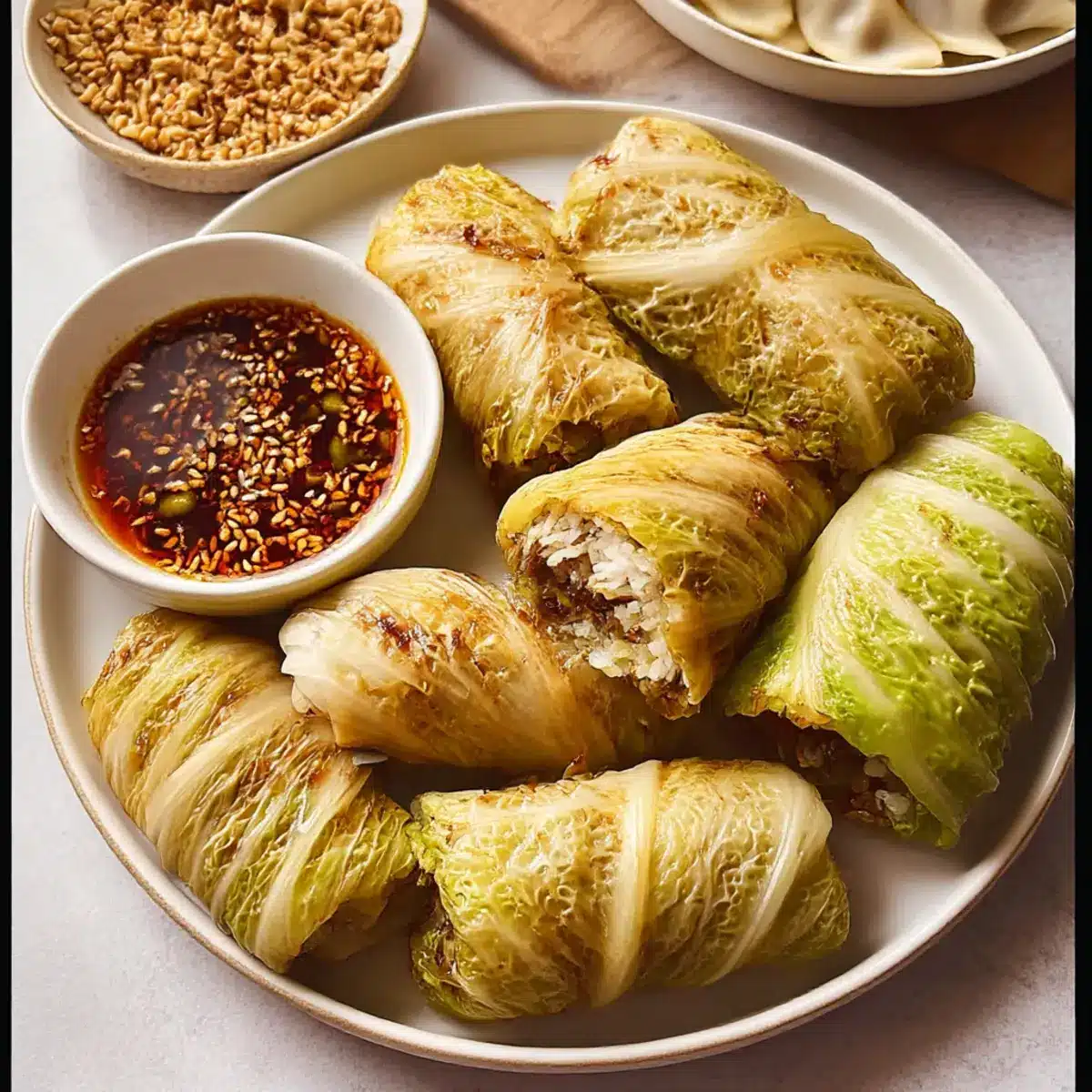 Stuffed Cabbage Rolls with Gyoza Dipping Sauce