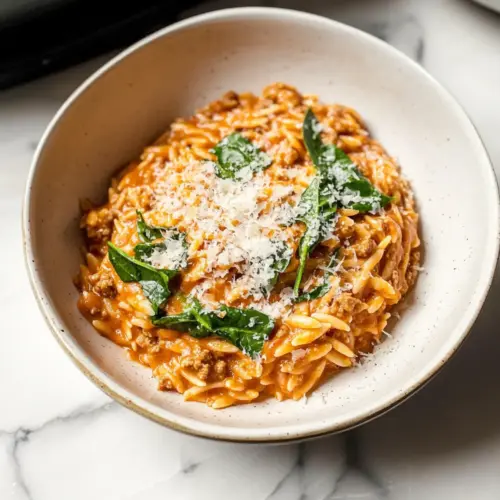 Ground Beef Orzo with Tomato Cream Sauce